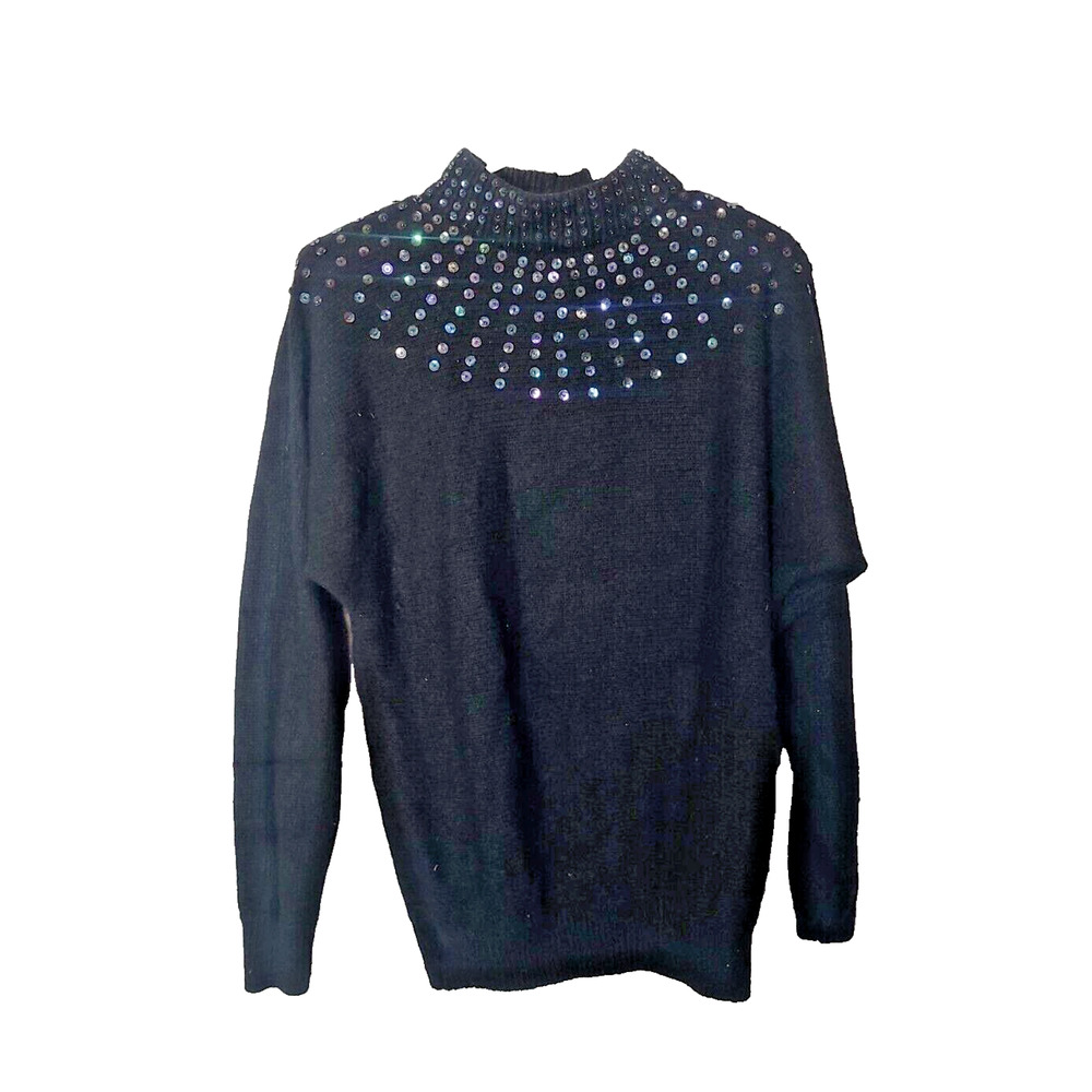 VTG Diana Marco Black Beaded Sequin Mock Neck Silk Angora Sweater Womans Size 40